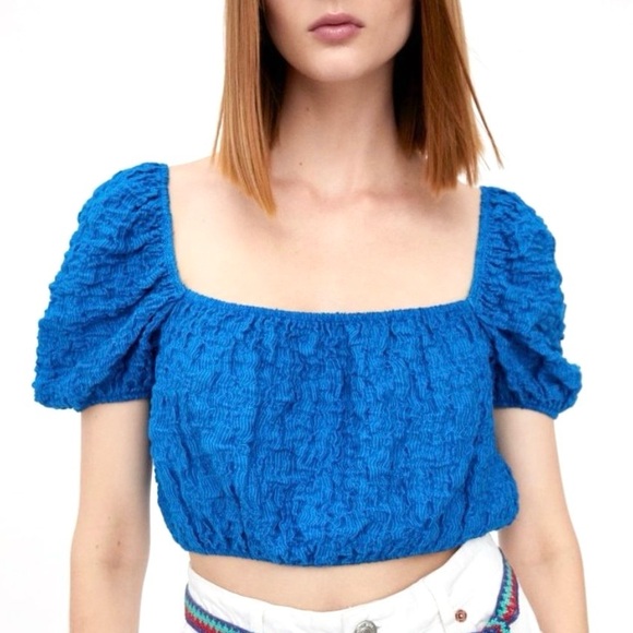 Zara Tops - Zara Balloon Puff Sleeve Electric Blue Textured Crop Top Women’s Size S